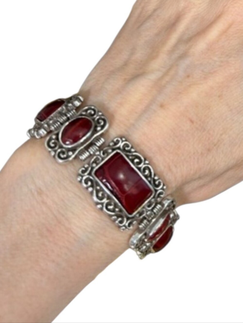Brighton Silver-Tone Bracelet with Deep Red Stones Imitation Leather